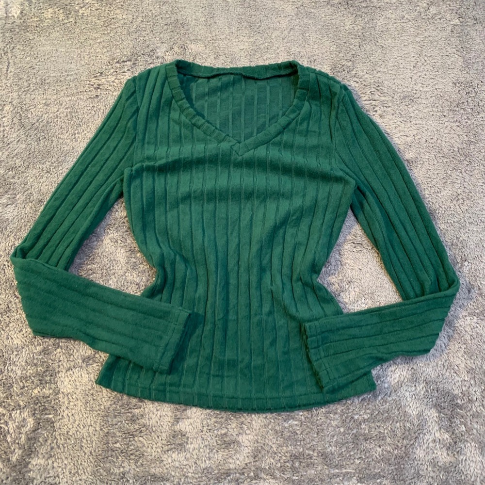 Forest Green Ribbed Knit V-Neck Long Sleeve Top Casual Shirt